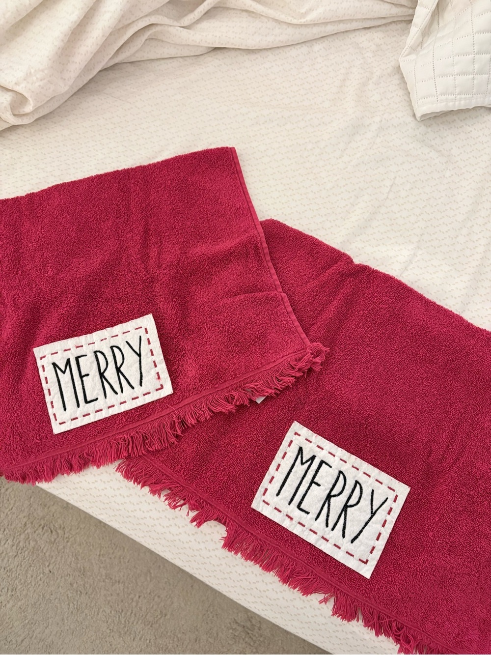 Merry Embroidered Red Hand Towels